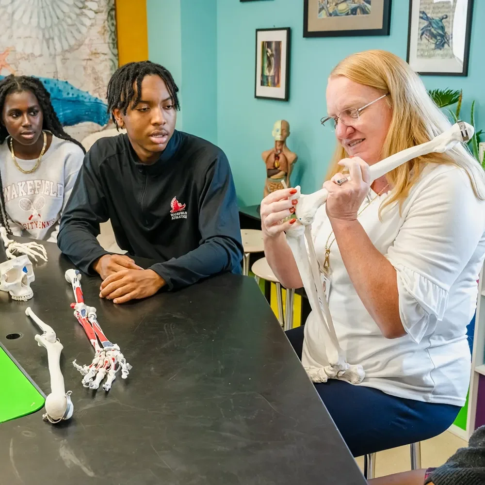upper school science teacher teaching with skeletal bone prop