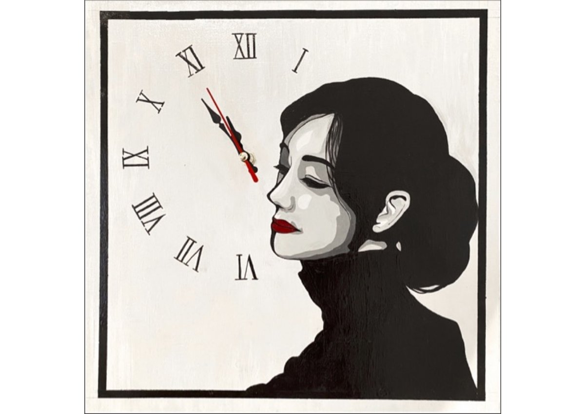 student painting of a woman in front of a clock