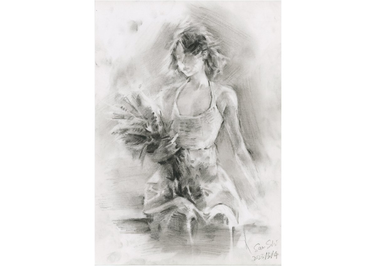 student charcoal drawing of a woman sitting and holding a bouquet of flowers