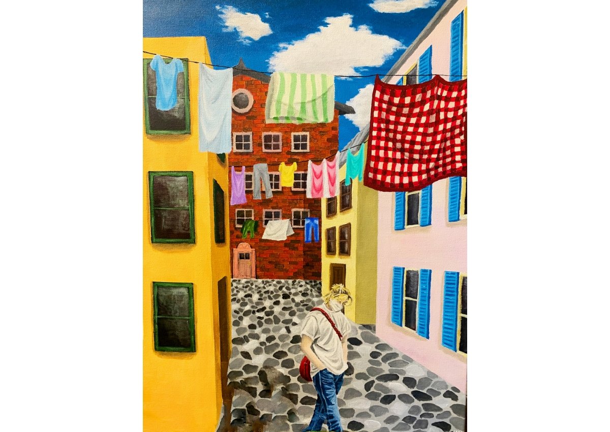 student painting of a city block and person walking