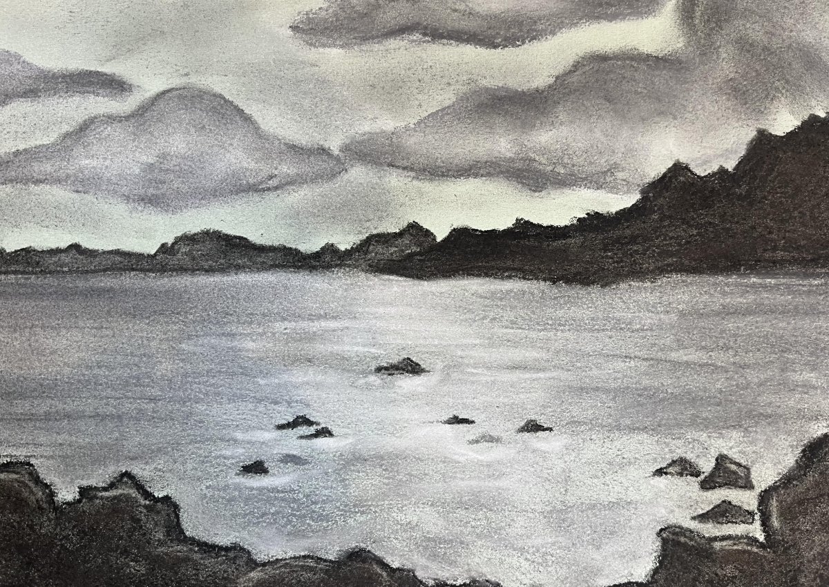student landscape painting of a lake and mountains
