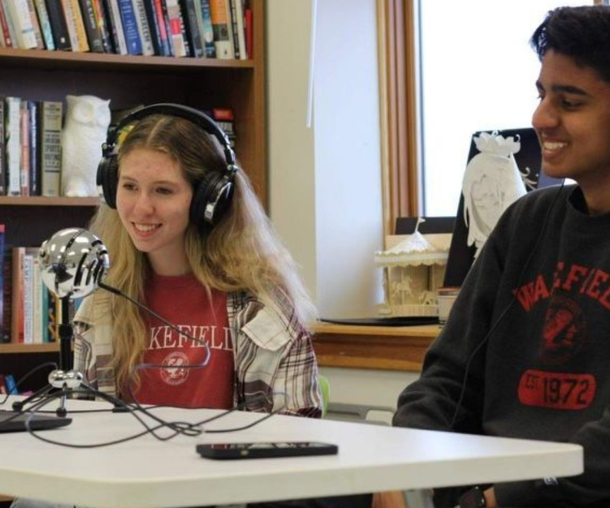 students recording a podcast