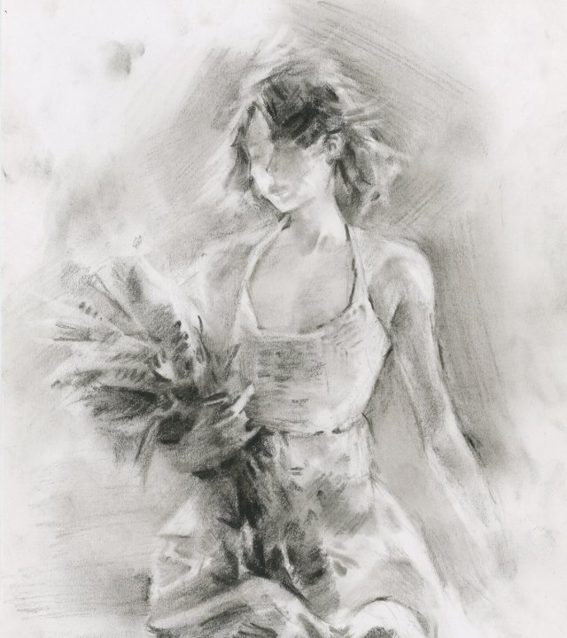 Student studio art charcoal drawing of a woman in a dress holding a bouquet of flowers